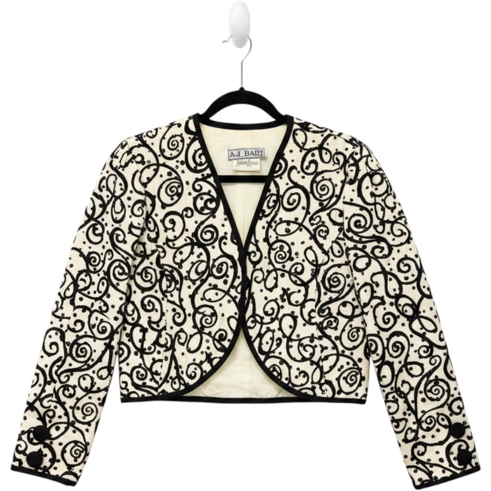 Vintage A.J. Bari Neiman Marcus Cropped Bolero Jacket Ivory Black Flocked Sz 10